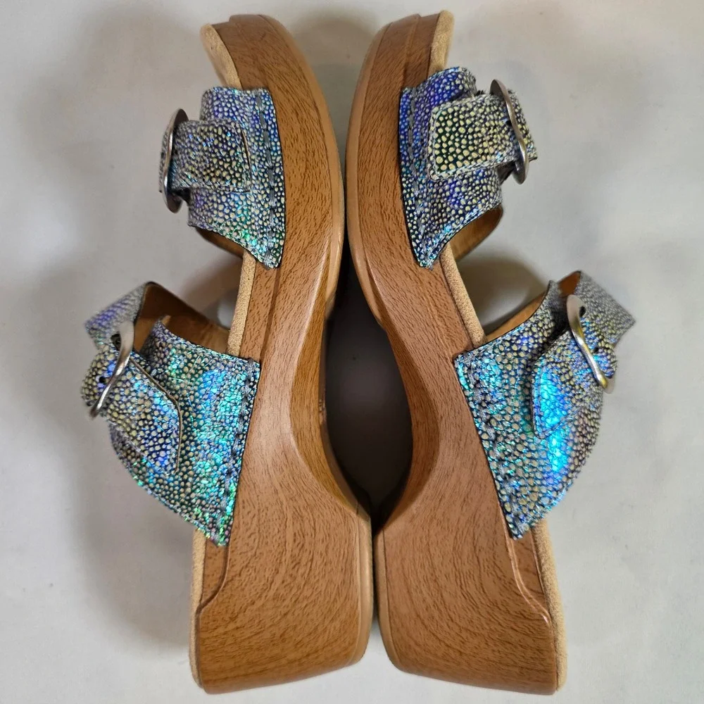Dansko Sophie Sandals Iridescent Blue Leather Platform Wedge Womens 40 ‎ 9.5